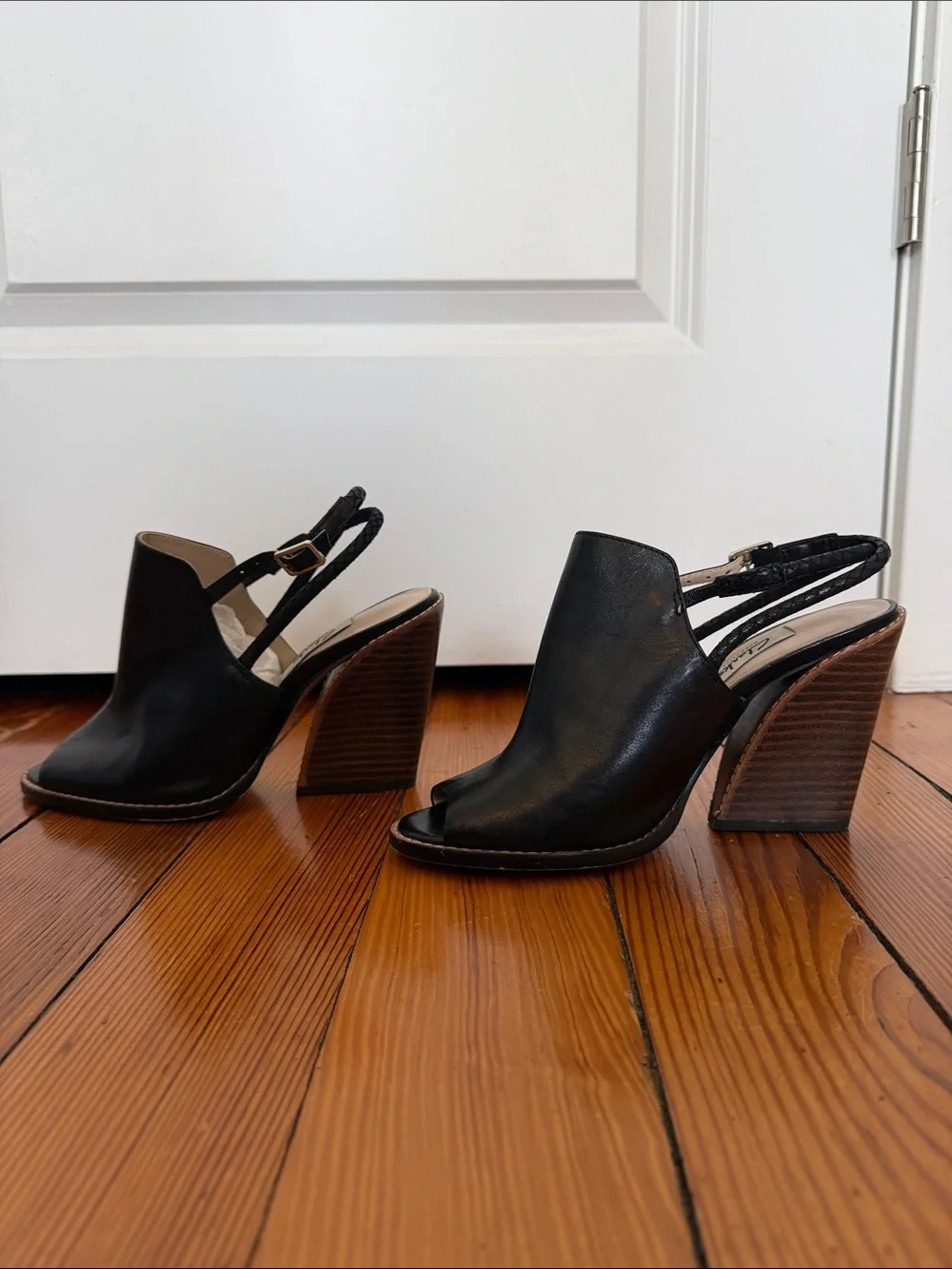 Clarks Black Leather Peep-Toe Slingback Block Heels